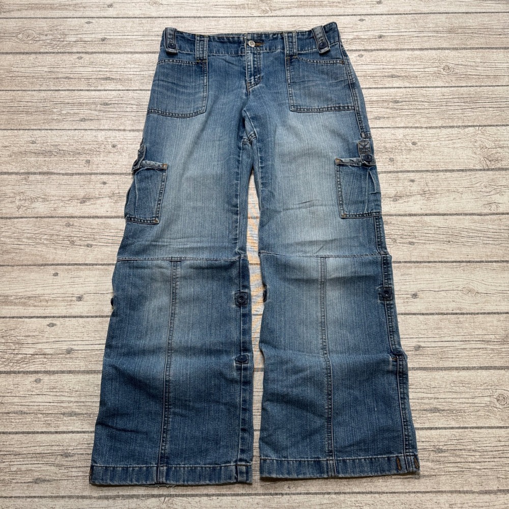 Vintage 90s Old Navy Cargo Jeans Women's 2 Blue Denim Wide Leg Relaxed Workwear